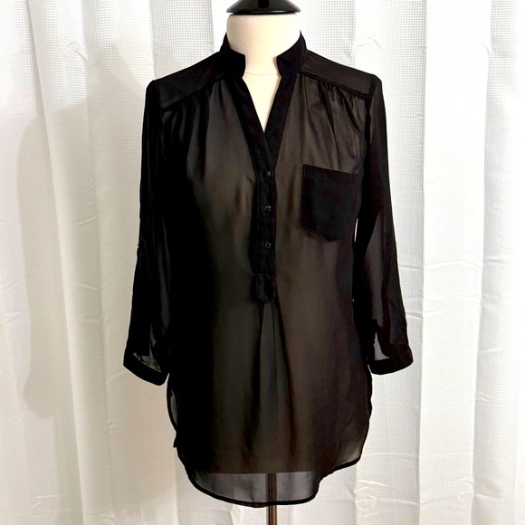 Truth Women's Sheer V-Neck Front Button Hi-Low Blouse Long Sleeves, Black, Sz M - Picture 1 of 7